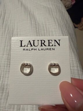 Lauren Ralph Lauren Small Silver Hoop Stud Earrings with Beaded Accent
